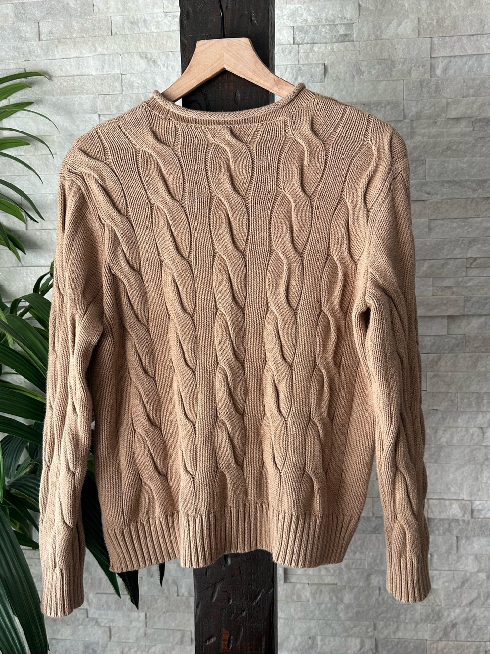 Ralph Lauren Boxy Tan Camel Melange Cable-Knit Rollneck Cotton Sweater Size S - Picture 7 of 8